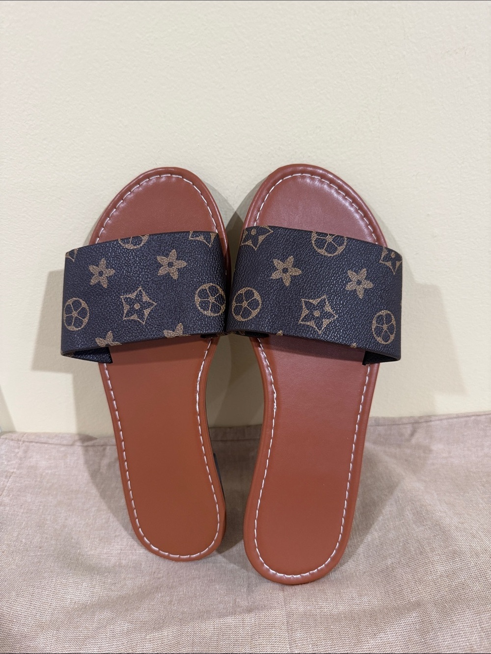 Women's Monogram Slide Sandals with Patterned Dark Strap Size 39